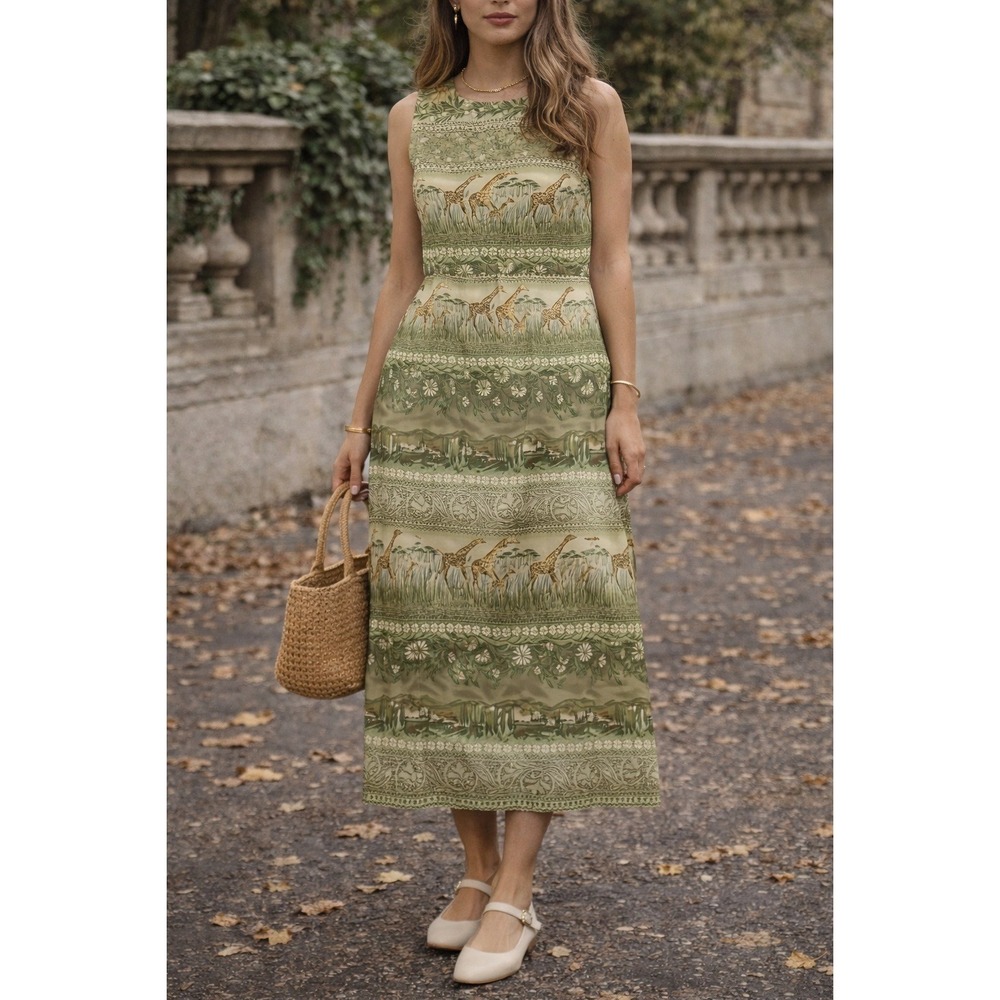 Koret Womens Size 10 Green Giraffe Safari Midi Dress Vintage Junglecore Retro